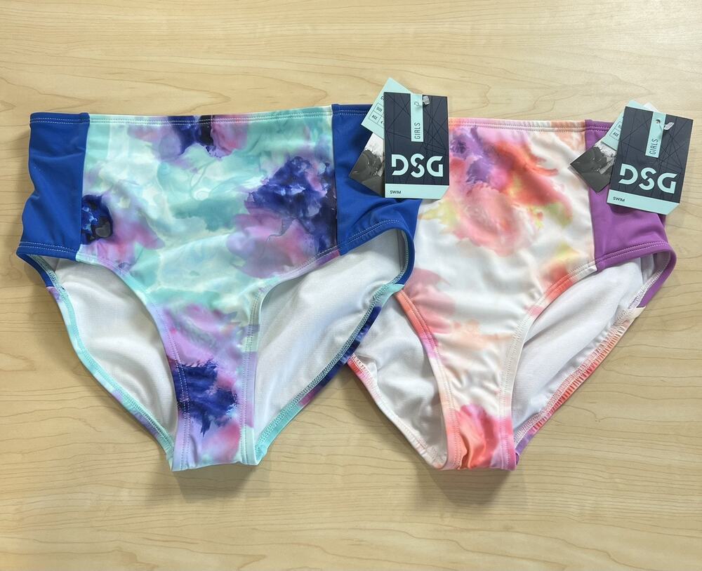 DSG Girl’s L 10/12 High Waist Swim Bottoms, 2 pair Inky Overdye Warm/Cool NWT